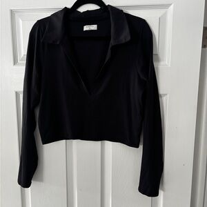 Babaton Contour Black Cropped V-Neck Polo Long Sleeve
